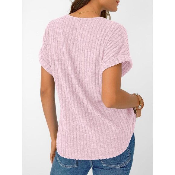 👑Women's Pink Short Sleeve Cute V Neck Stretch Ribbed Knitwear Pullover Sweater - Picture 4 of 6